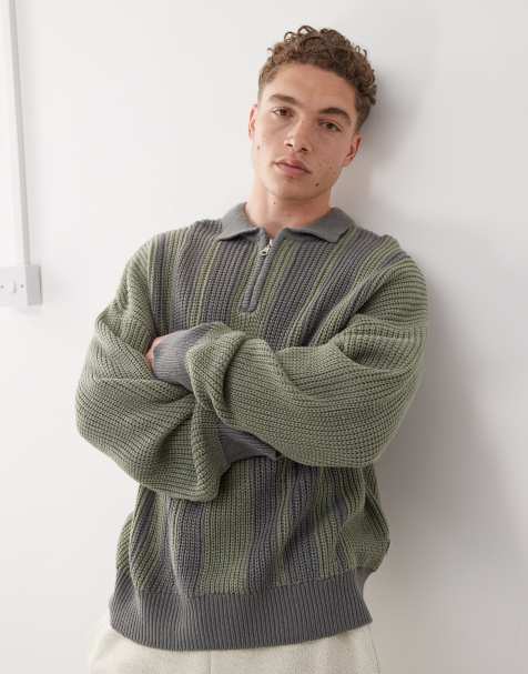The Ragged Priest quarter zip up polo in khaki stripe - view 1
