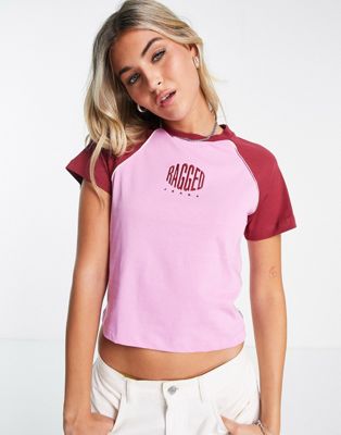 The Ragged Priest raglan baby tee in pink with retro logo