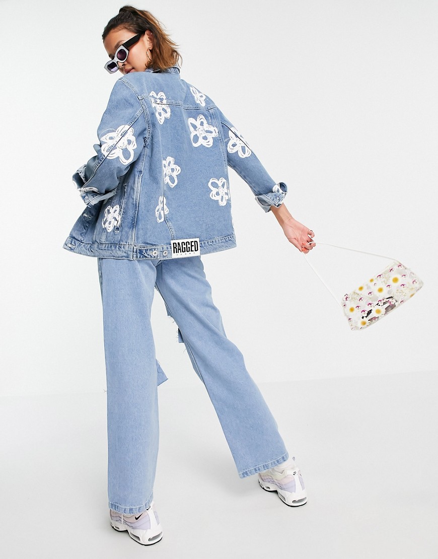 The Ragged Priest relaxed denim jacket in bleach floral set-Blues