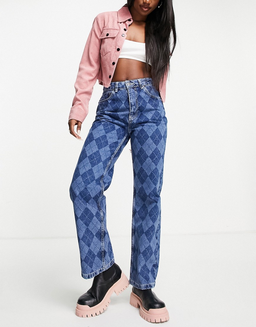 The Ragged Priest relaxed jeans in argyle print denim-Blues