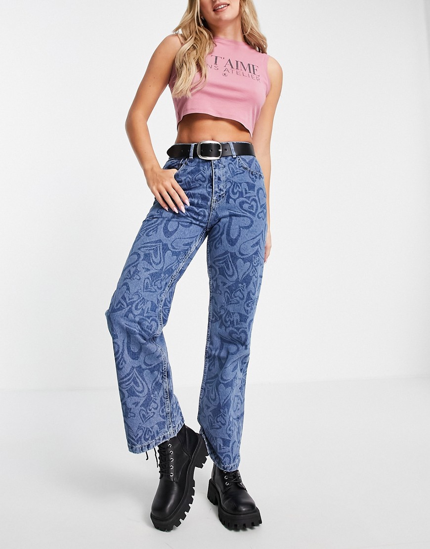 The Ragged Priest relaxed jeans in wavy heart print-Blues