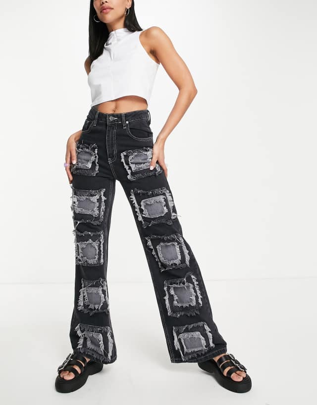 The Ragged Priest relaxed straight leg jeans in charcoal patchwork front