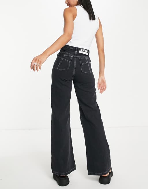 The Ragged Priest relaxed straight leg jeans in charcoal patchwork front