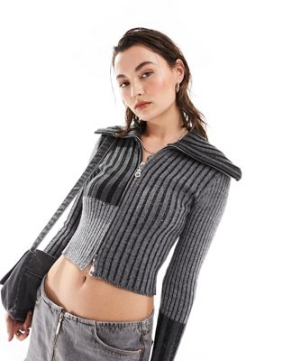 The Ragged Priest rib knit cardigan with double zip in grey patchwork