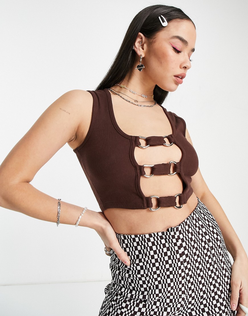 The Ragged Priest Ribbed Crop Tank Top With Plunge Ring Front Detail In Brown