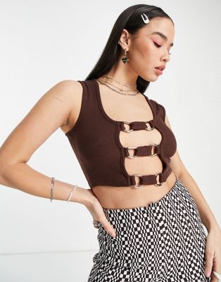 The Ragged Priest ribbed crop vest top with plunge ring front detail in brown