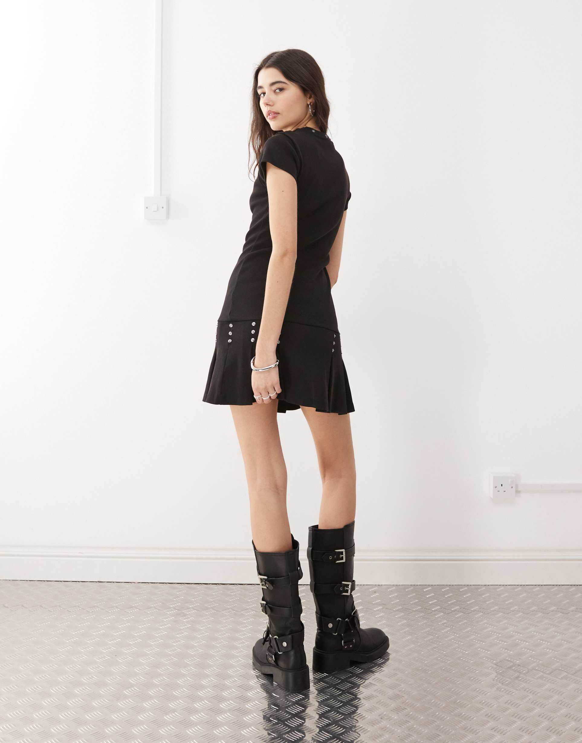 the ragged priest ribbed jersey t-shirt dress with silver eyelet detailing in black