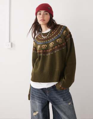 The Ragged Priest Skull Fairisle Knit Sweater In Green
