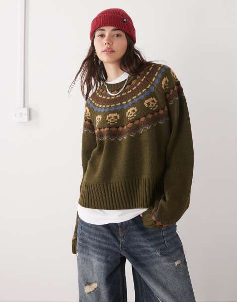 The Ragged Priest skull fairisle knitted jumper in green