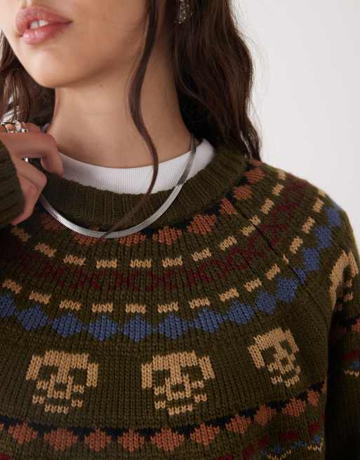 The Ragged Priest skull fairisle knitted jumper in green, 2 of 4