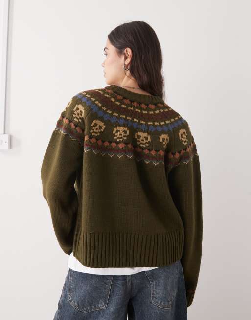 The Ragged Priest skull fairisle knitted jumper in green, 3 of 4