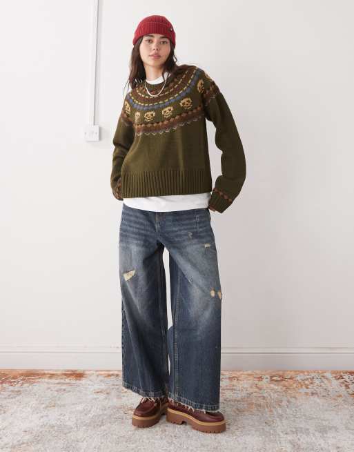 The Ragged Priest skull fairisle knitted jumper in green, 4 of 4