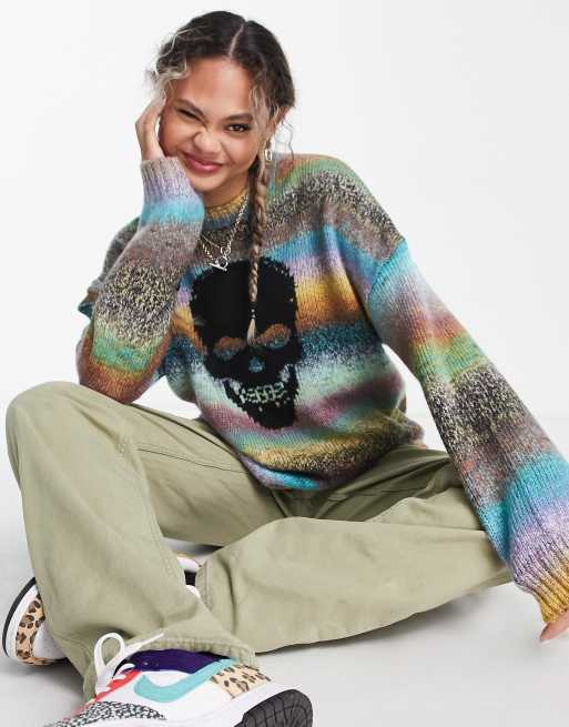 The Ragged Priest skull space dye jumper in faded rainbow multi