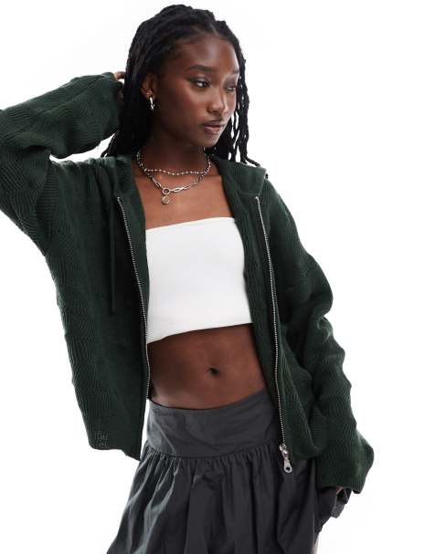 The Ragged Priest spikey knit zip up hoodie in dark green - view 1