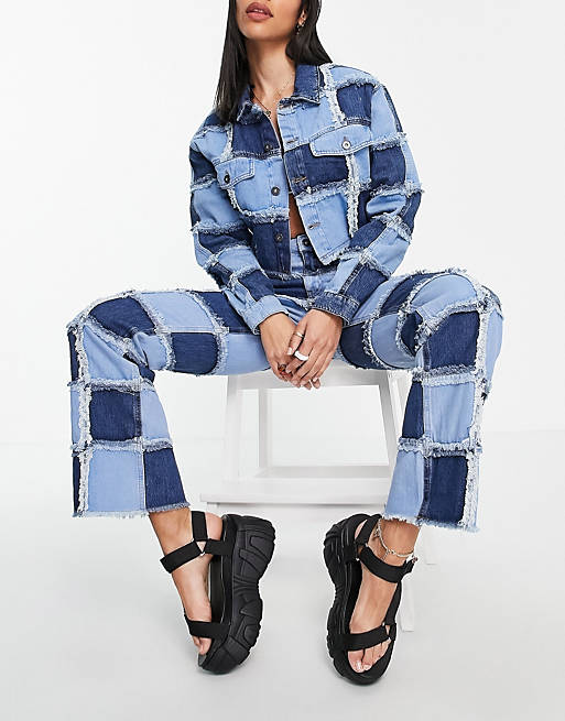 The Ragged Priest straight leg jeans in patchwork check denim