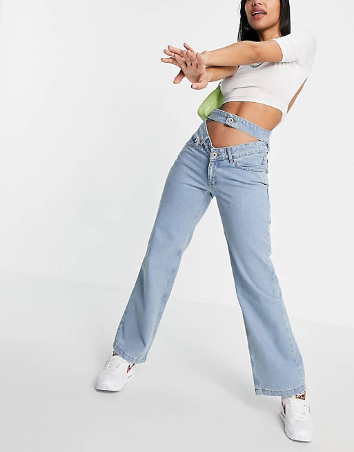 The Ragged Priest straight leg jeans with cut out waist detail in light wash