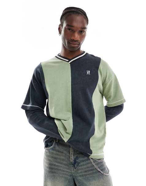 The Ragged Priest  stripe hockey layered oversized sweatshirt in multi - view 1