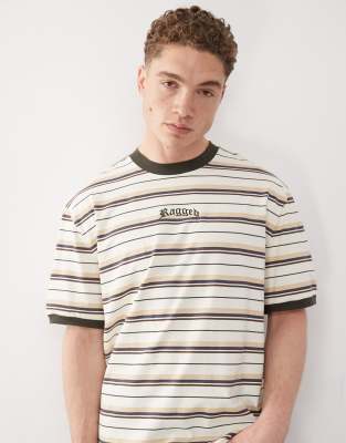 The Ragged Priest stripe t-shirt with Ragged logo in multi-Green