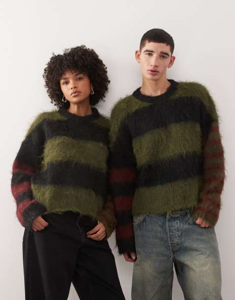 The Ragged Priest striped fluffy jumper in green and maroon - view 1