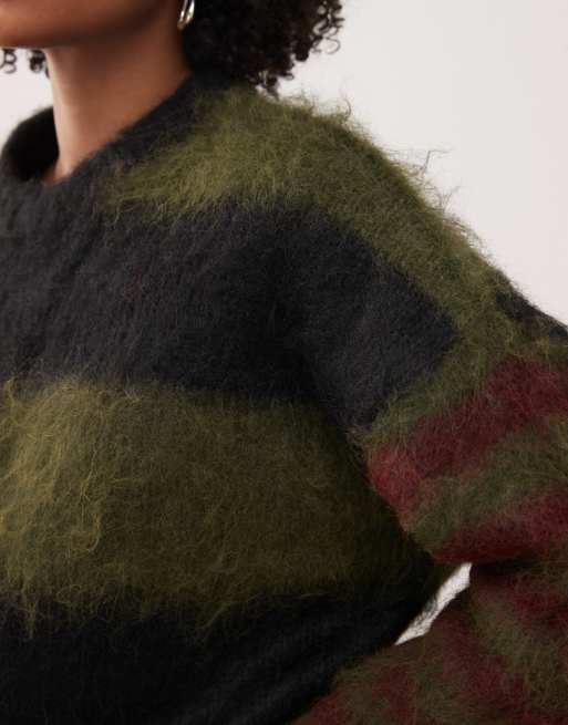 The Ragged Priest striped fluffy jumper in green and maroon, 3 of 4