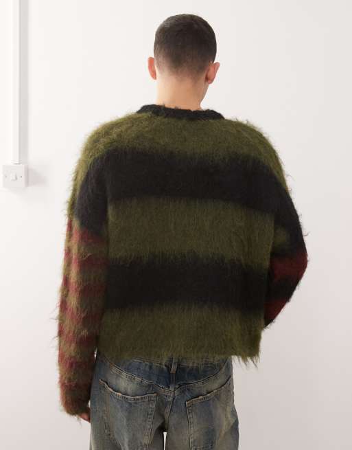 The Ragged Priest striped fluffy jumper in green and maroon, 4 of 4