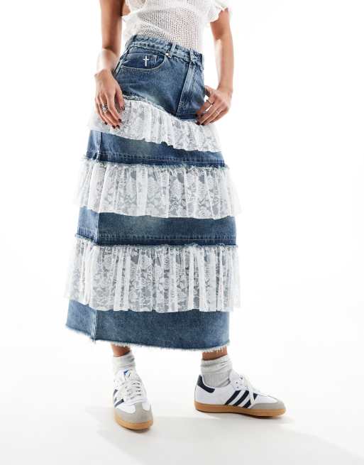 The Ragged Priest tiered maxi skirt in dirty wash denim with lace trim