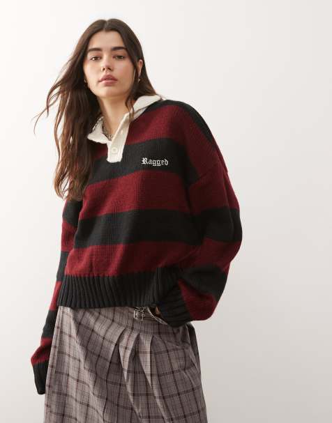 The Ragged Priest trophy polo knit sweater in black and red stripes - view 1