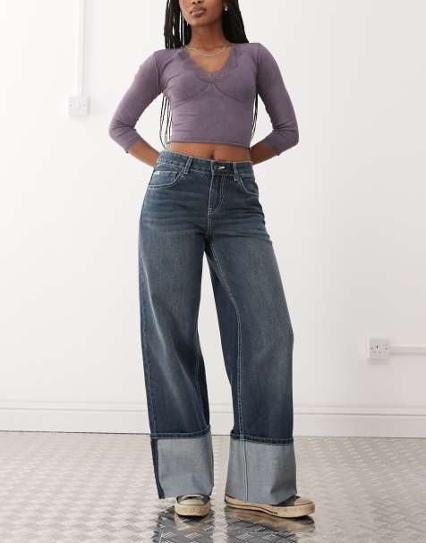 The Ragged Priest turn up hem low rise baggy fit jeans in indigo - view 1