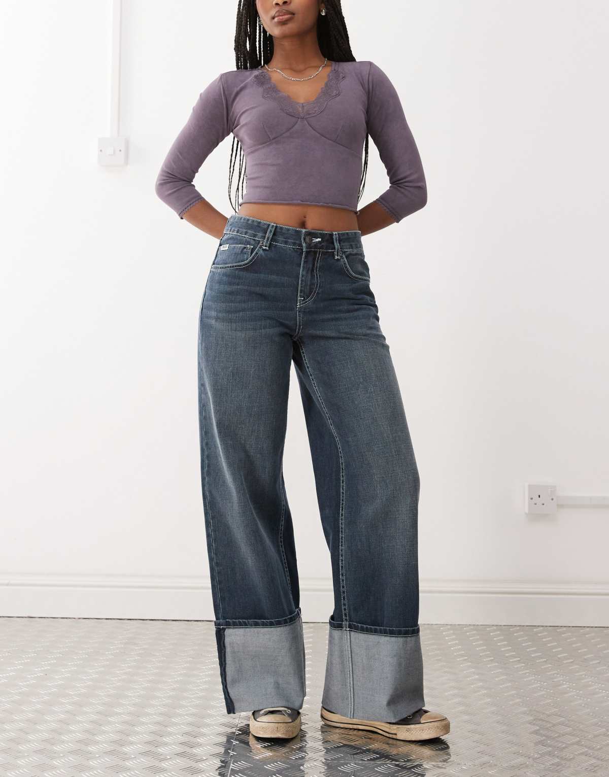 The Ragged Priest turn up hem low rise baggy fit jeans in indigo