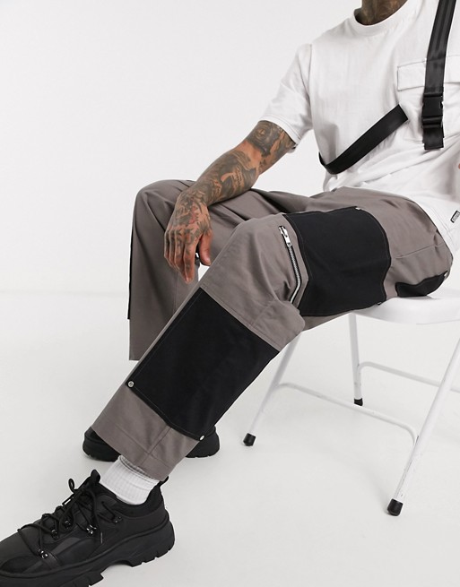 The Ragged Priest two tone carpenter utility trousers in grey