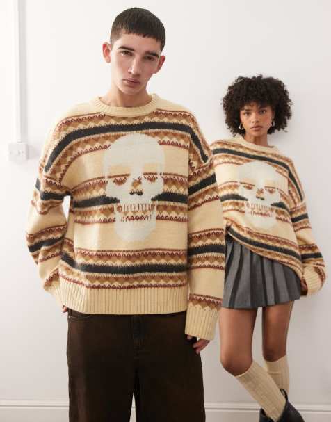The Ragged Priest Unisex fairisle knit striped sweater with skull in beige - view 1