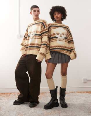 The Ragged Priest Unisex Fairisle Knit Striped Sweater With Skull In Neutral