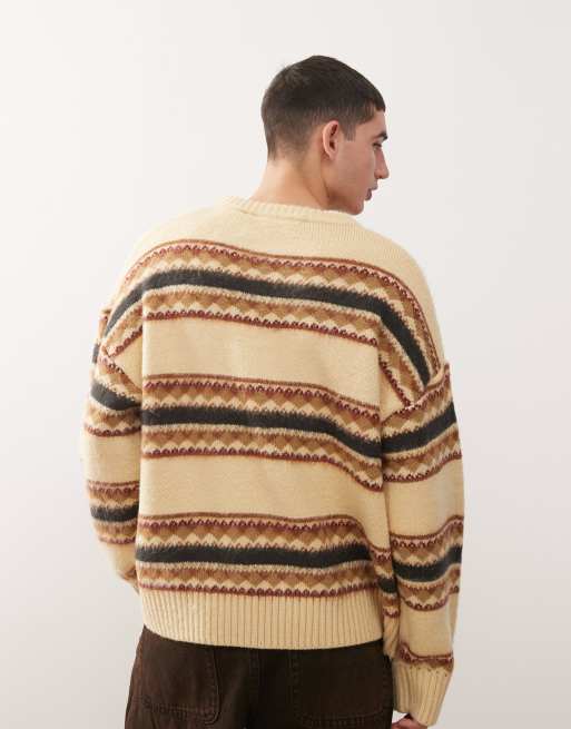 The Ragged Priest unisex fairisle knitted stripe jumper with skull in beige, 4 of 4