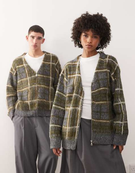 The Ragged Priest Unisex fuzzy knit cardigan in green plaid - view 1