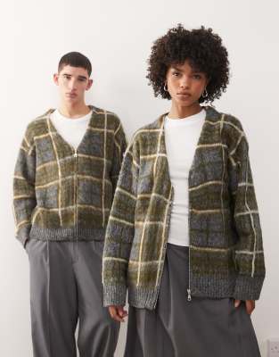 The Ragged Priest unisex fuzzy knitted cardigan in green check