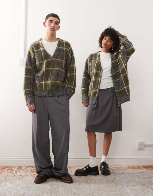 The Ragged Priest unisex fuzzy knitted cardigan in green check, 2 of 4