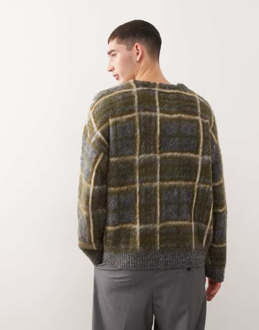 The Ragged Priest unisex fuzzy knitted cardigan in green check, 4 of 4