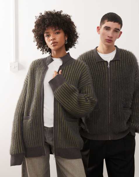 The Ragged Priest unisex fuzzy ribbed zip through cardigan in green - view 1