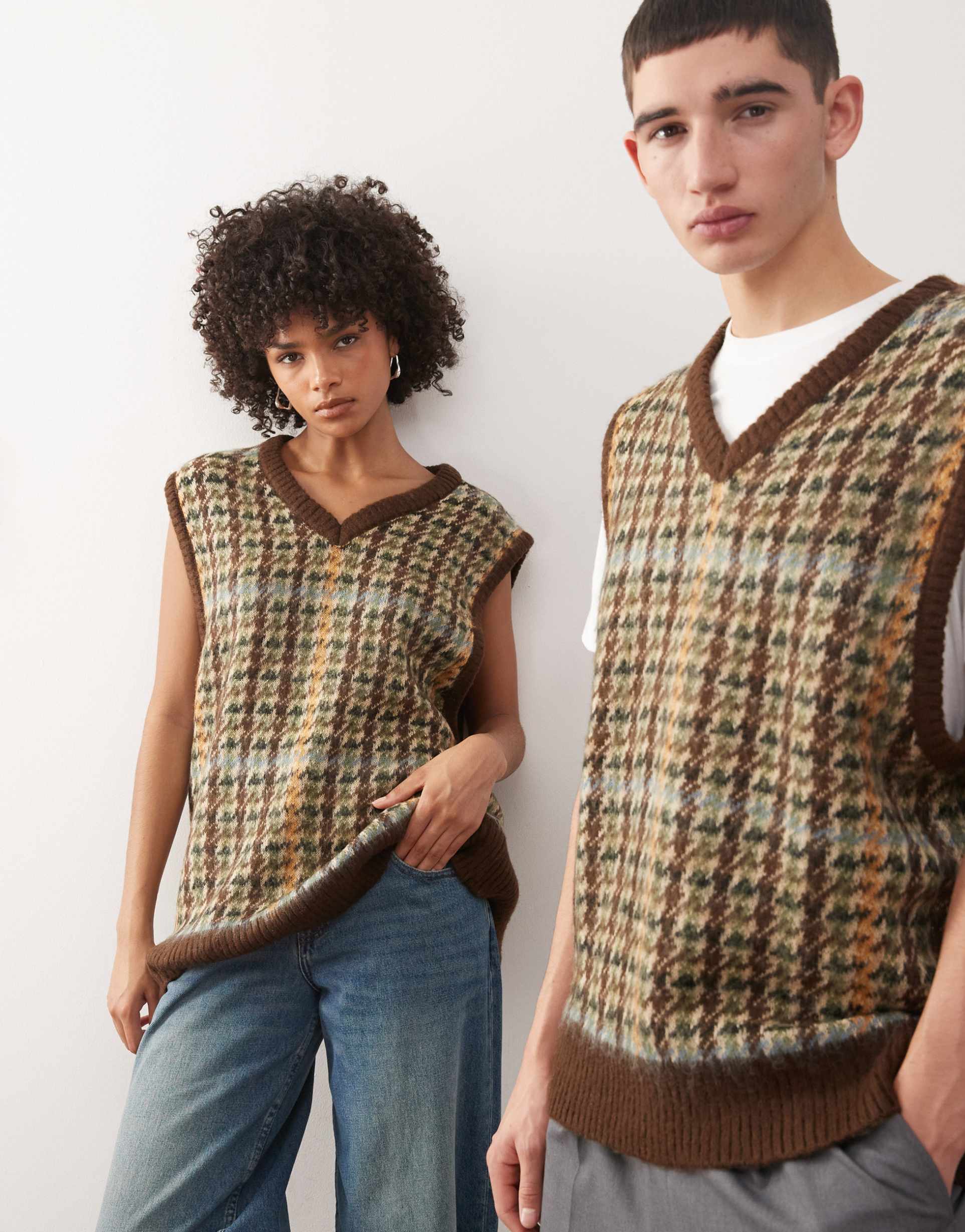 the ragged priest unisex knit sweater vest in brown plaid