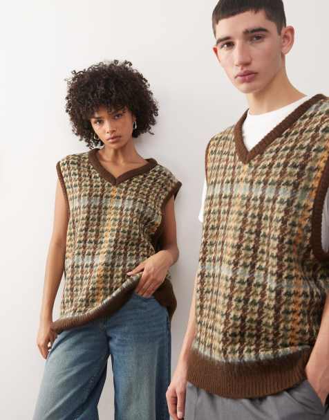 The Ragged Priest unisex knitted vest In brown check - view 1