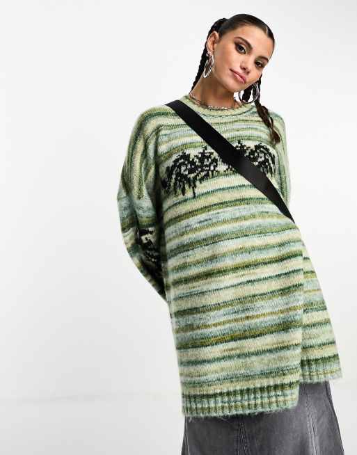 The Ragged Priest unisex oversized knit jumper in stripe with graphic