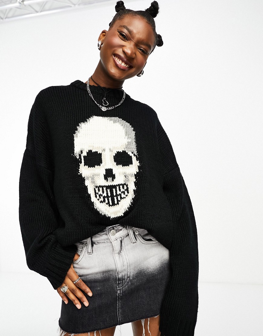 The Ragged Priest unisex oversized knit jumper in stripe with skull graphic-White