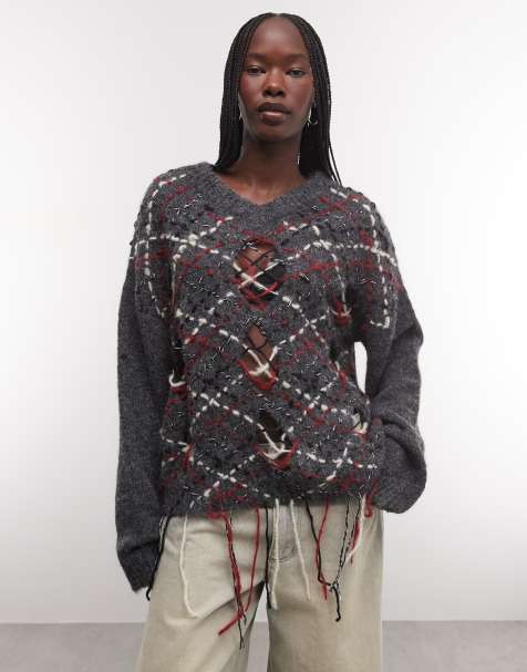 The Ragged Priest v neck crop argyle knit jumper in grey - view 1
