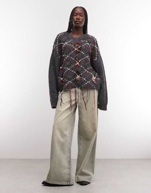 The Ragged Priest v neck crop argyle knit jumper in grey , 3 of 4