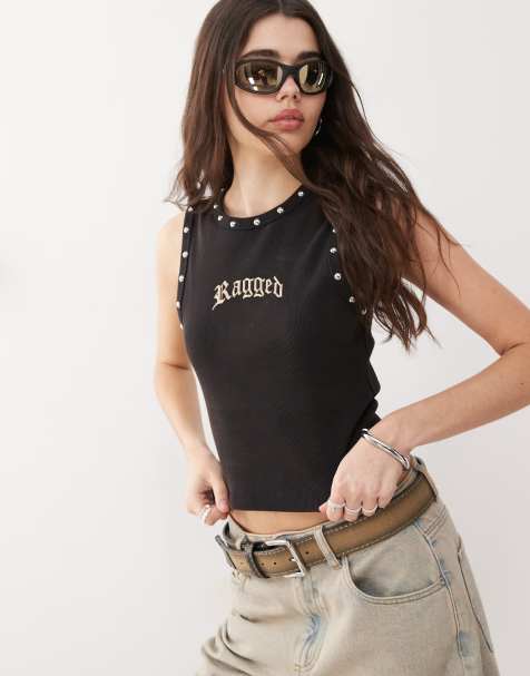 The Ragged Priest vest crop top with eyelet detailing in black - view 1