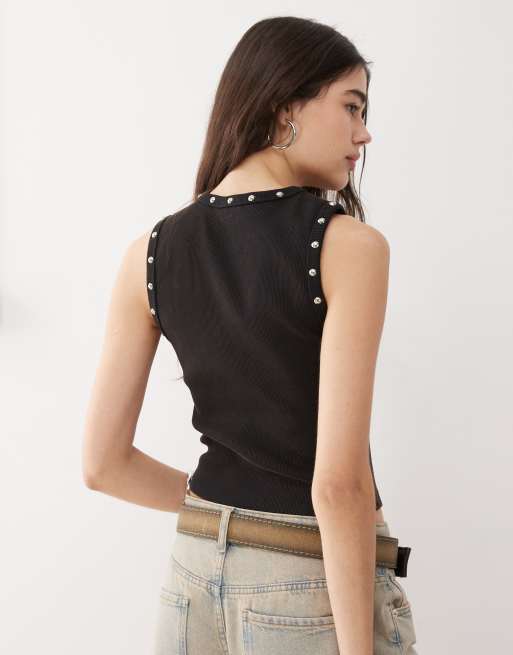 The Ragged Priest vest crop top with eyelet detailing in black, 3 of 4