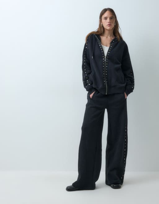 The Ragged Priest washed brushed oversized zip up hoodie with stud detail in black co-ord, 2 of 4