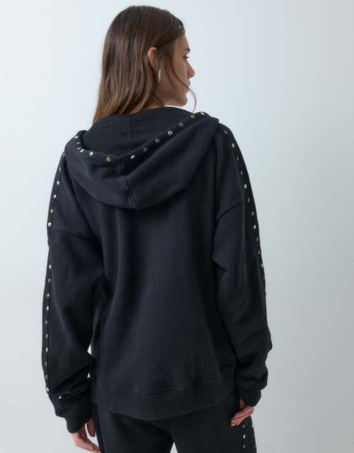 The Ragged Priest washed brushed oversized zip up hoodie with stud detail in black co-ord, 4 of 4