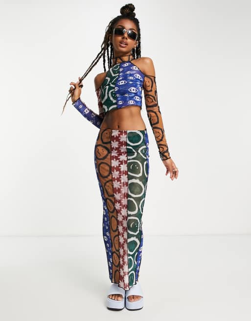 The Ragged Priest Y2K midi skirt in batik print mesh co-ord