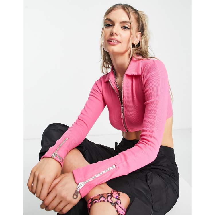 The Ragged Priest zip front collar detail crop top in pink